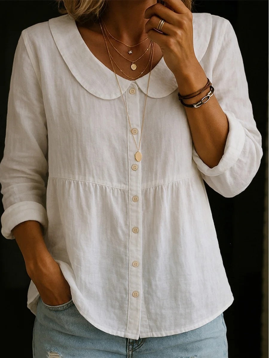 summer new european and american style pan collar linen cotton solid color shirt - women's loose fit, slimming, long sleeve, casual and versatile top