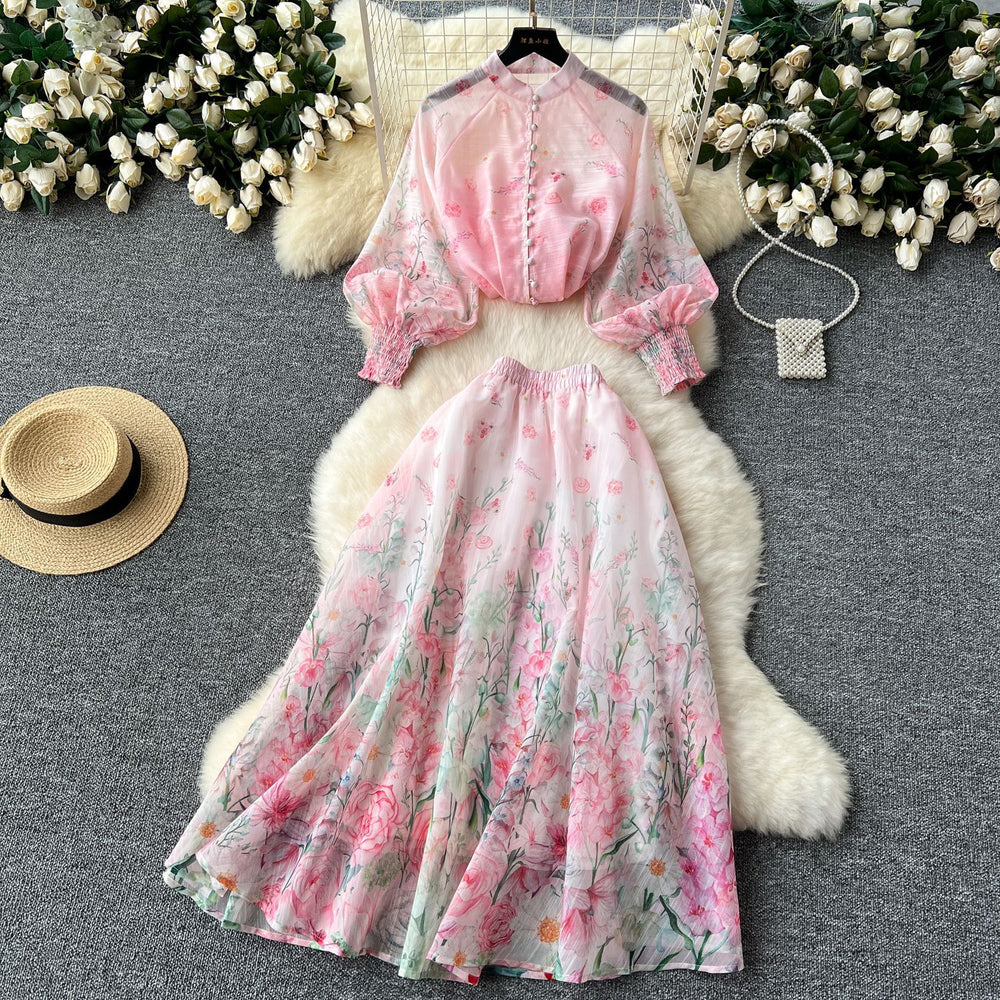European and american style women's two-piece set: elegant lantern sleeve button-up slim-fit top with high-waisted printed mesh skirt