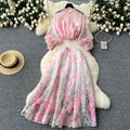 European and american style women's two-piece set: elegant lantern sleeve button-up slim-fit top with high-waisted printed mesh skirt