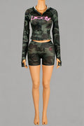 New ins trendy printed sporty stretch zip-up hoodie and shorts two-piece set for women