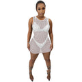 X5651   fashion sexy nightclub rhinestone mesh see-through round neck cami mini dress