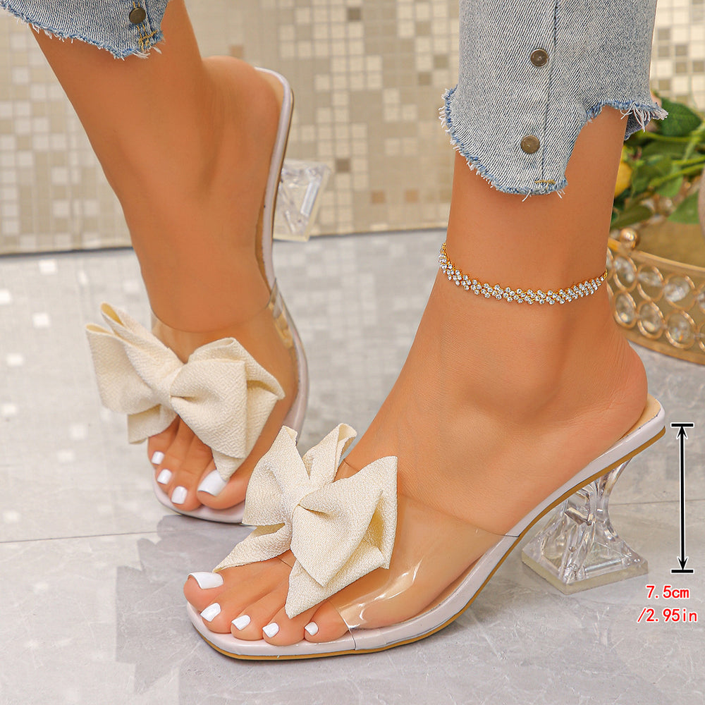 European and american plus size transparent high heel sandals and slippers for women, 2026 summer new style, bowknot square toe crystal chunky heel sandals