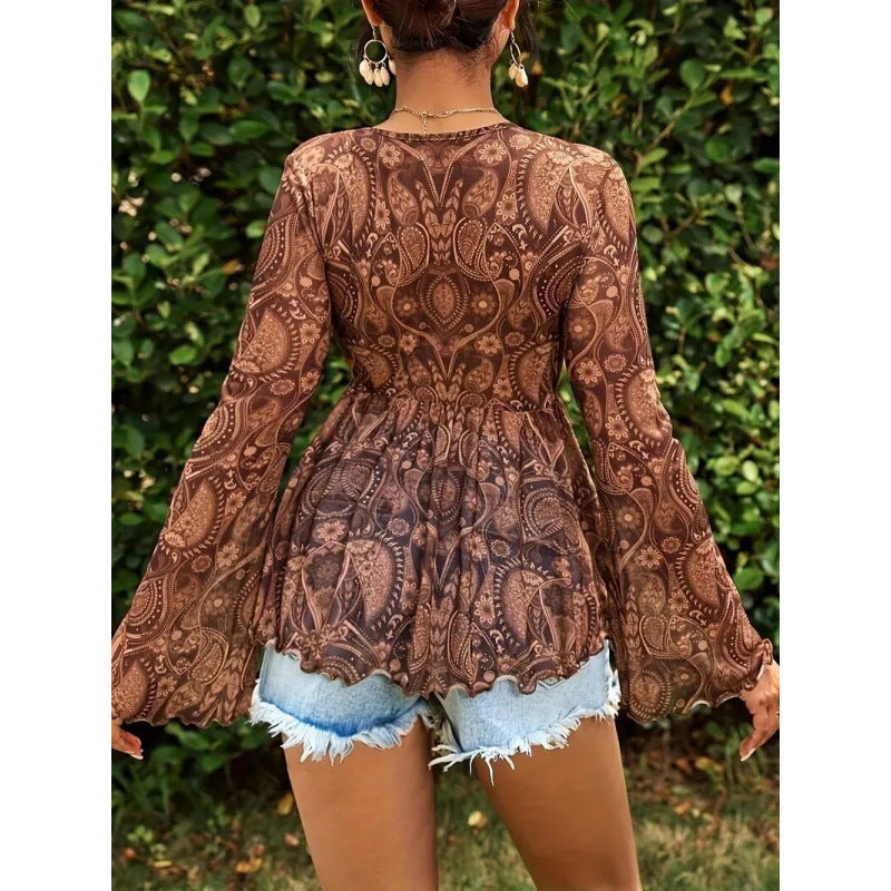 Shipped: new european and american cross-border versatile mesh print deep v-neck slim-fit long sleeve top - ideal for independent e-commerce stores