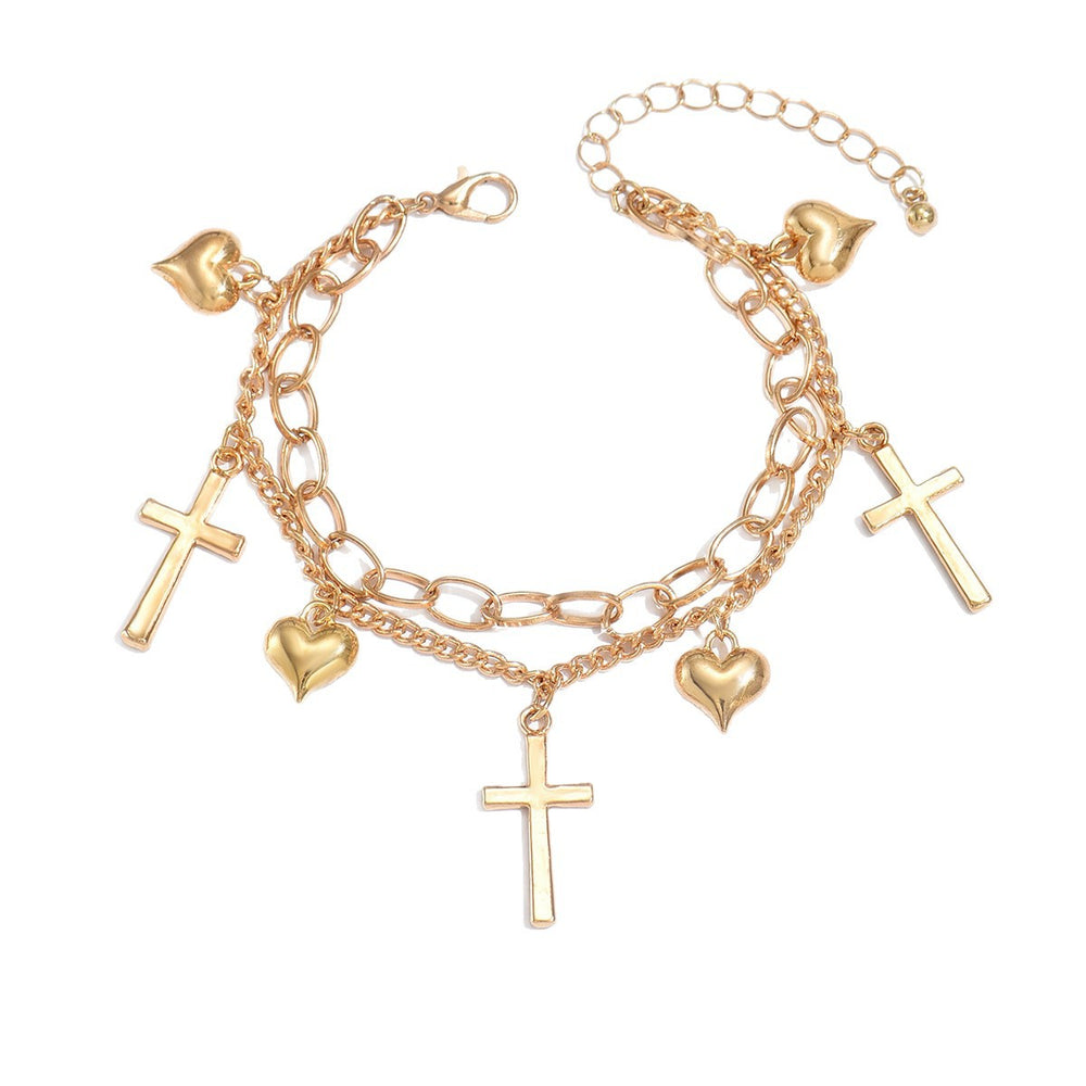 European and american cross-border personalized minimalist alloy cross & heart pendant chain bracelet - light luxury, high-end layering jewelry
