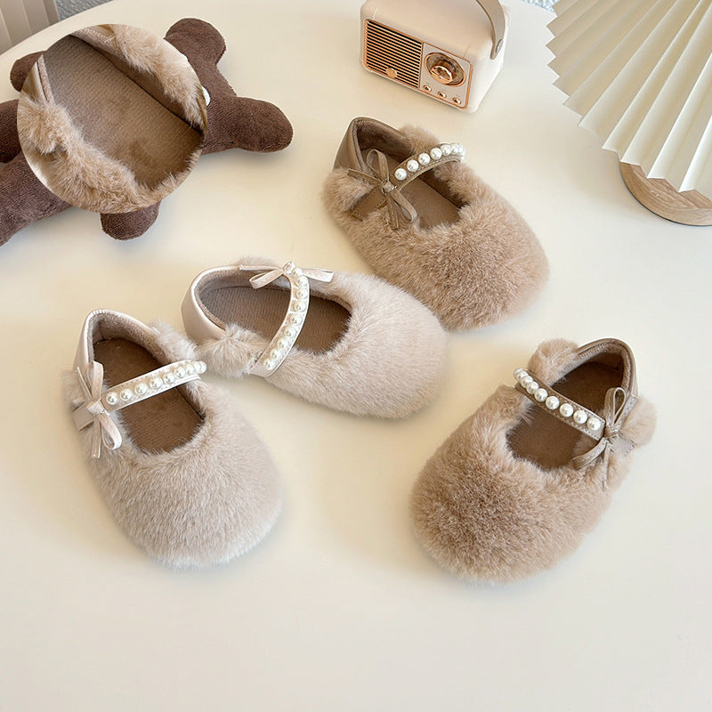 Pearl bow one-word with velvet light mouth fluffy cotton shoes 2024 winter new lazy one-pedal Doudou shoes
