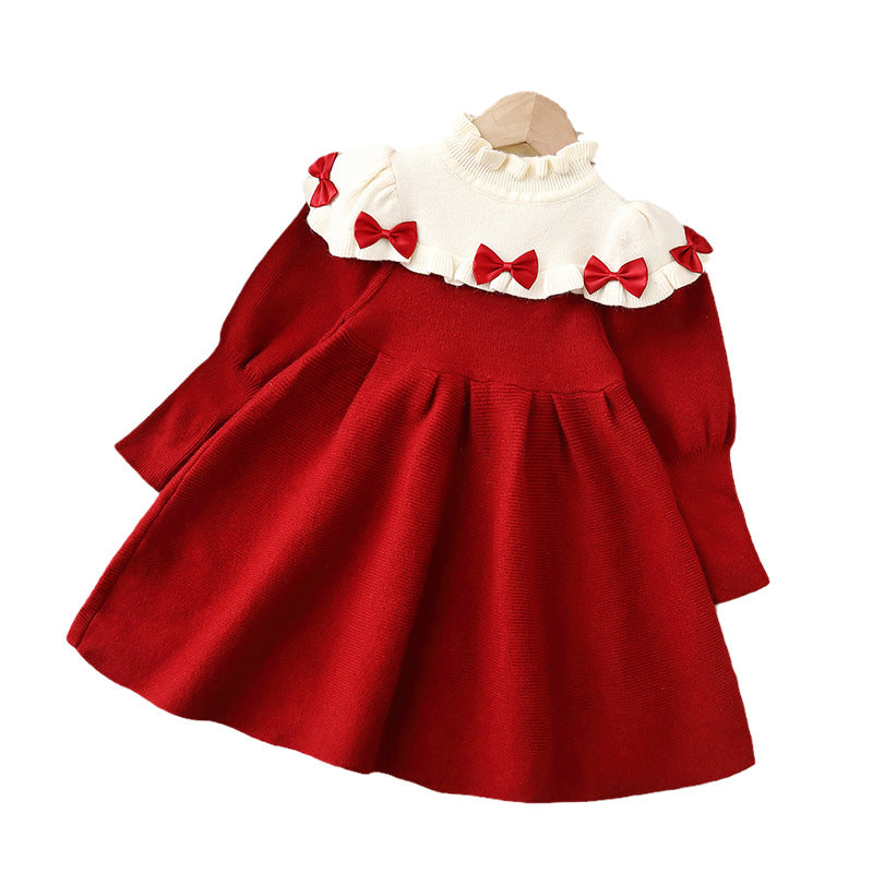 Girlsweater skirt children's clothingknitting long skirt fall and winterfleece-linedthickenednew arrival five-section skirtdress