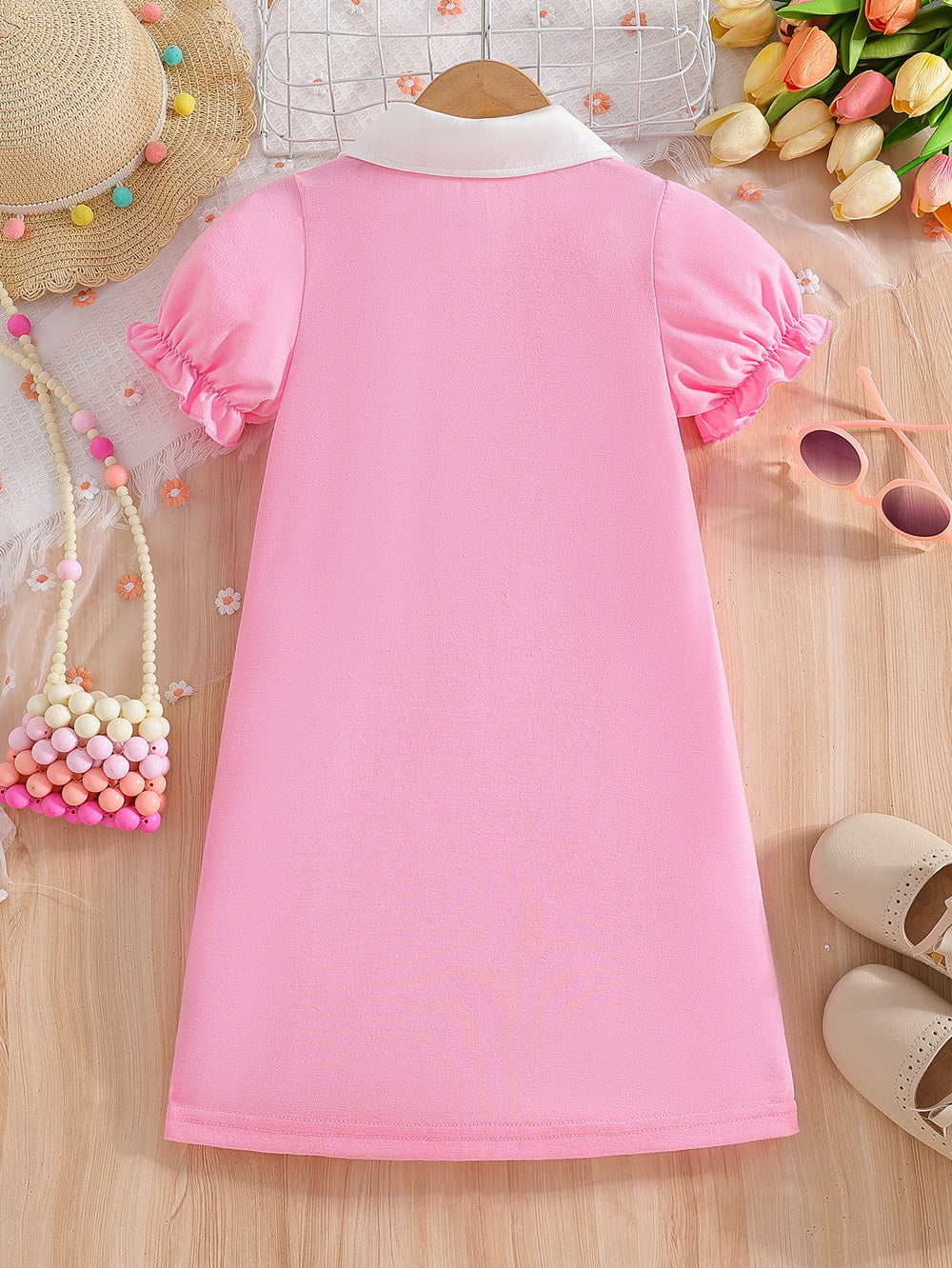 Girls' short-sleeve polo dress - pink summer style with turn-down collar, lantern sleeves, and letter print - perfect for toddlers and young children