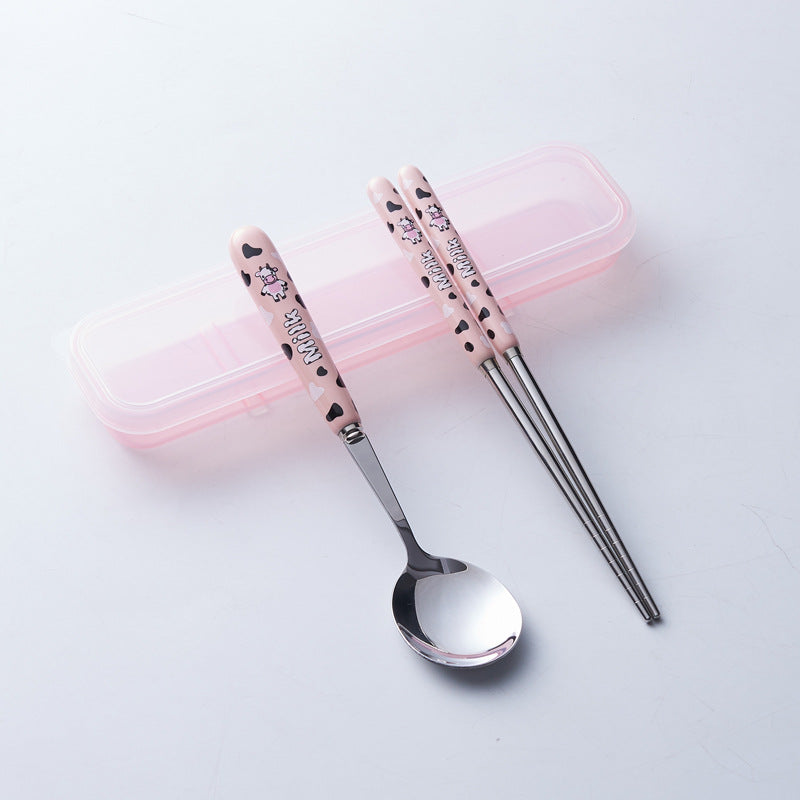 Portable storage cutlery set - cute cow design stainless steel children's dinnerware set: fork, spoon, and chopsticks