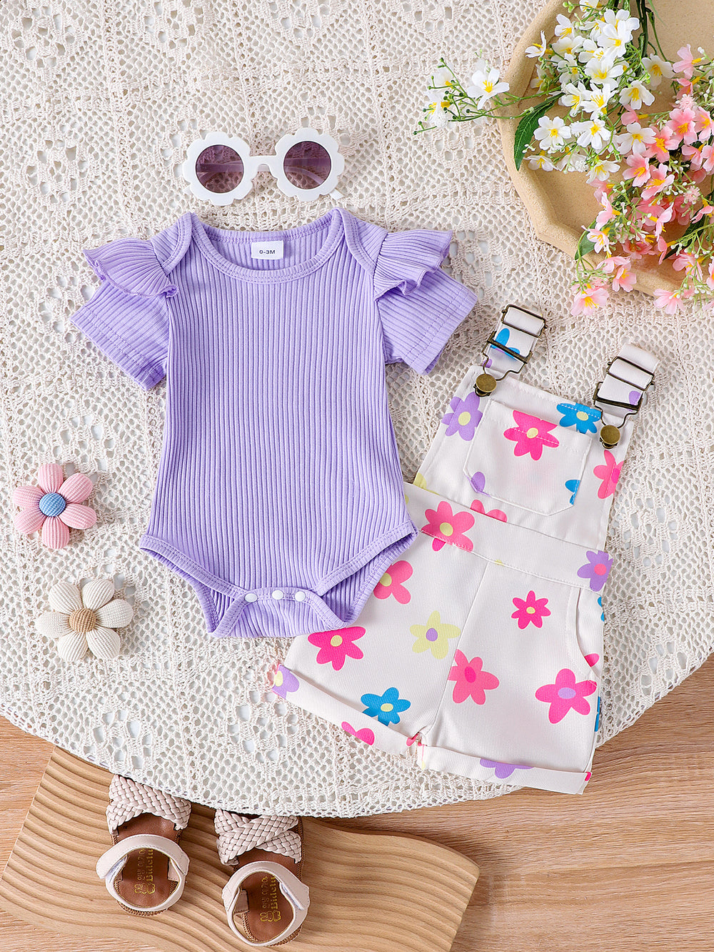 Amazon spring new girls' baby outfit set: solid color short-sleeve top with printed overalls two-piece set