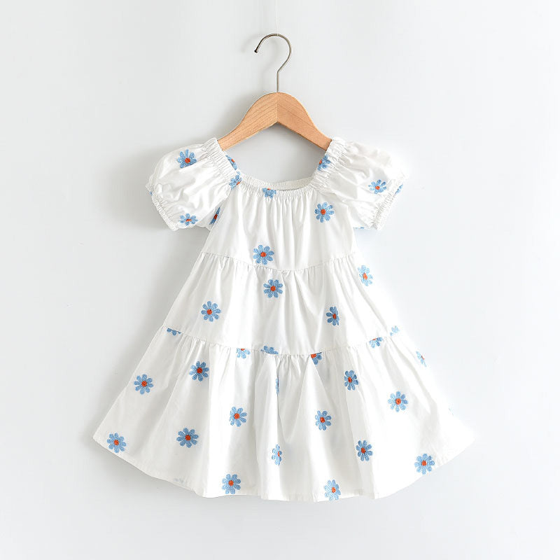 Girls' dress - new cross-border summer collection - white daisy print dress - toddler & little girl lantern sleeve cotton a-line dress