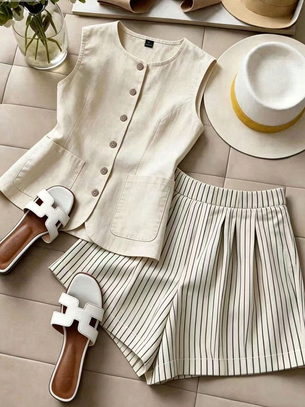 fashion  summer new striped sleeveless top + shorts set - commute & casual two-piece outfit