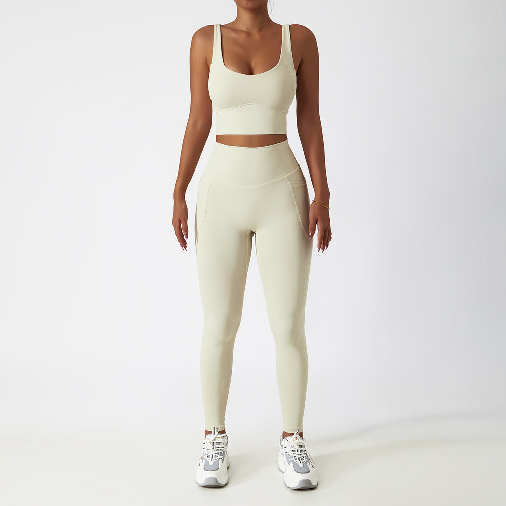 breathable quick-drying tight-fitting yoga clothes flap pocket pants running sports suit diagonal shoulder naked fitness suit6425