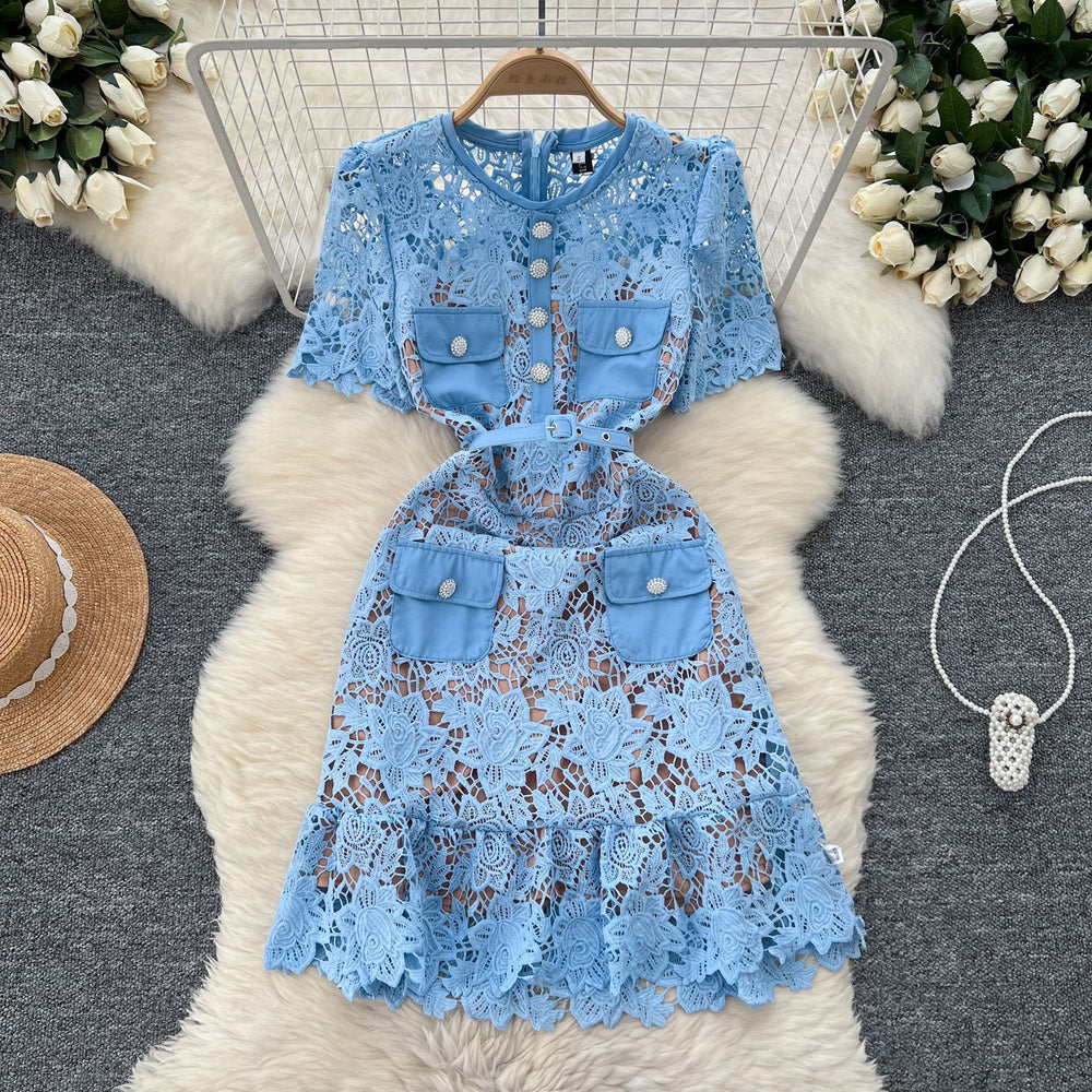 Luxury chic: women's summer midi dress - exquisite cutout embroidery, unique and elegant