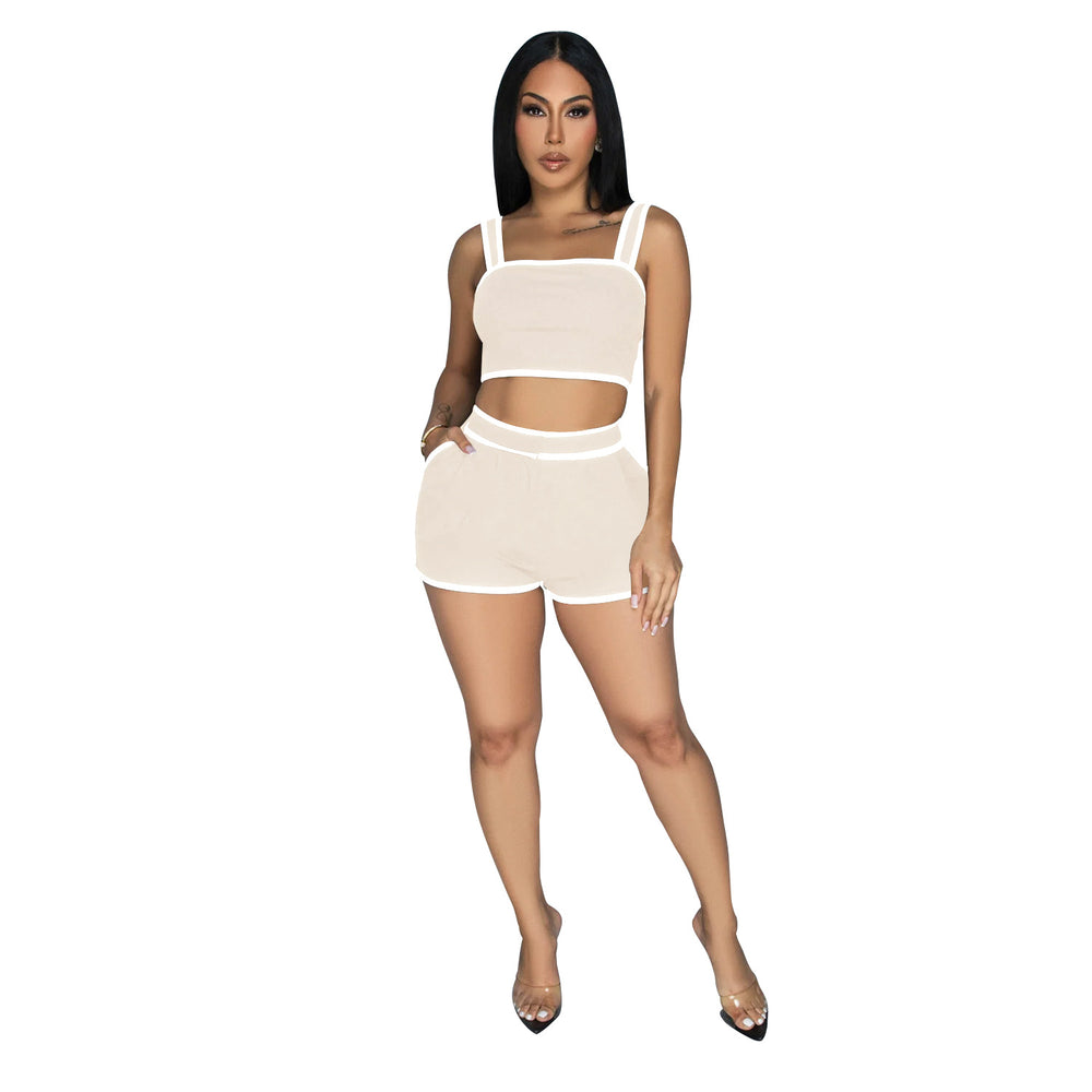 C6966 cross-border   independent station fashion women's solid color camisole and shorts two-piece set