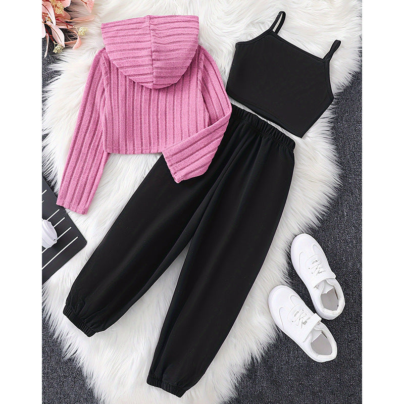 Girls' casual knitted pink hoodie sweatshirt, tank top, and drawstring sweatpants three-piece set for autumn (export quality)