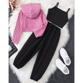 Girls' casual knitted pink hoodie sweatshirt, tank top, and drawstring sweatpants three-piece set for autumn (export quality)