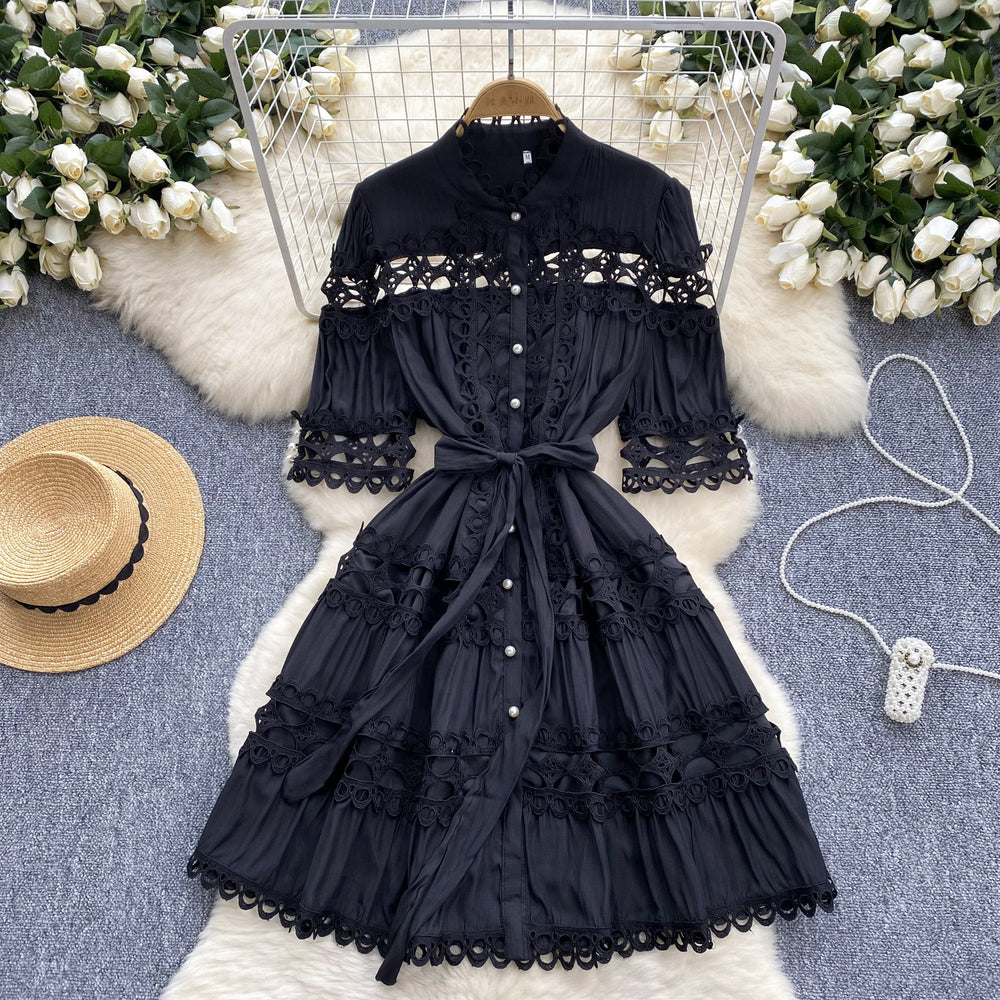 French retro court style dress - elegant stand collar pearl single-breasted hollow-out lace patchwork gown for women