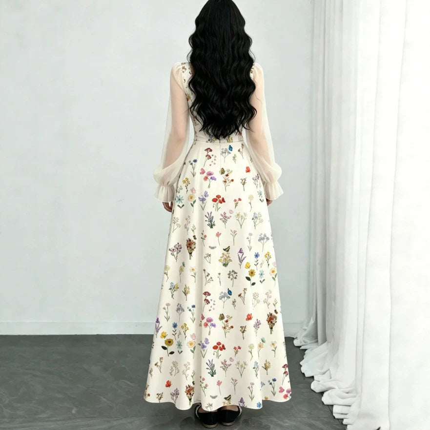 european and american new arrival: white base, multi-colored floral print, square neck, chiffon bubble long sleeve, cinched waist, maxi swing dress