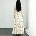 european and american new arrival: white base, multi-colored floral print, square neck, chiffon bubble long sleeve, cinched waist, maxi swing dress