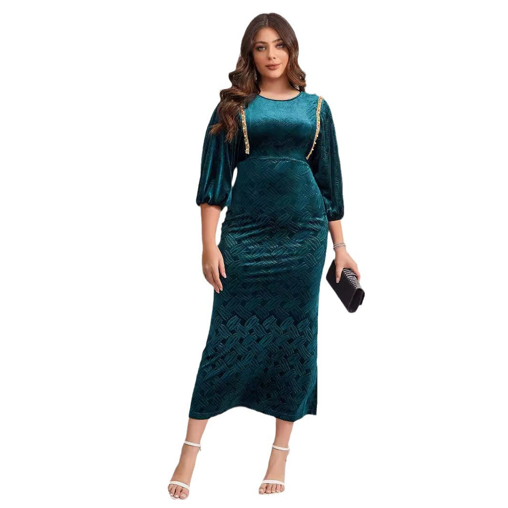 supply flannel embossed round neck handmade beaded lantern sleeves silmfashiondress special price
