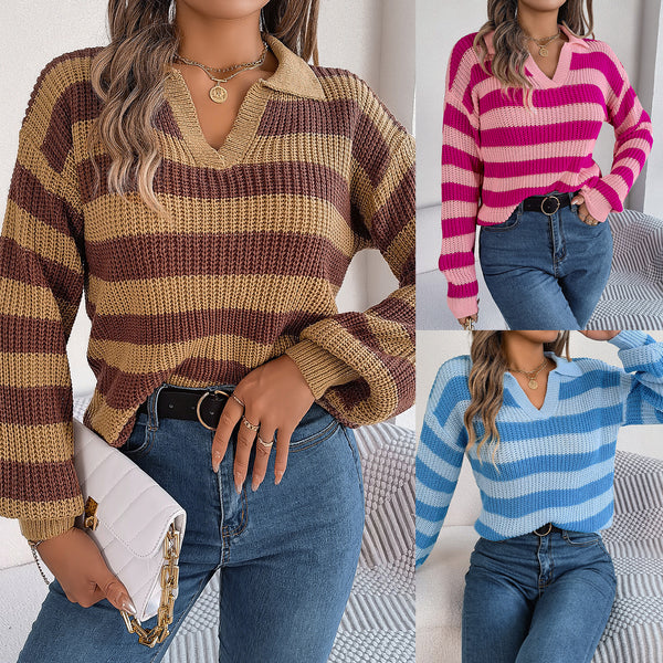 ins style real shot autumn and winter casual lapel contrasting striped long-sleeved knitted pullover sweater,   women's clothing