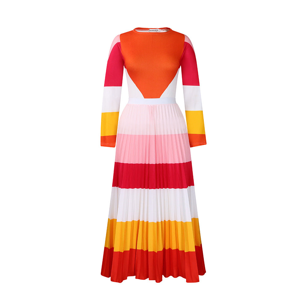 D420   autumn pleated print color block set - long sleeve top & fashionable midi skirt - european & american style two-piece outfit