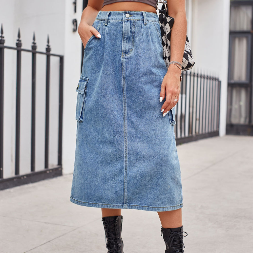 European and american cross-border e-commerce   new versatile slimming workwear washed denim midi skirt for women