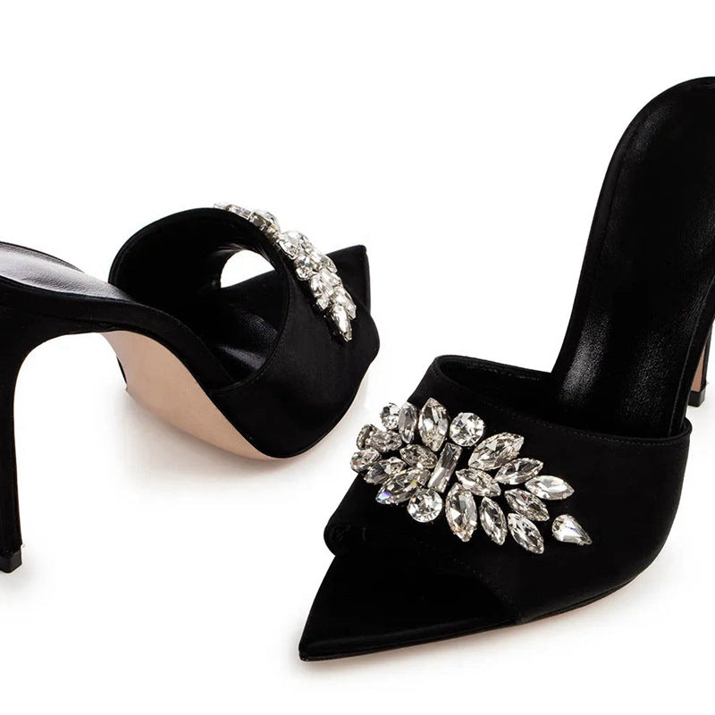 Summer european and american rhinestone high heel sandals pointed toe stiletto black high heels slip-on cross-border export ultra high heels