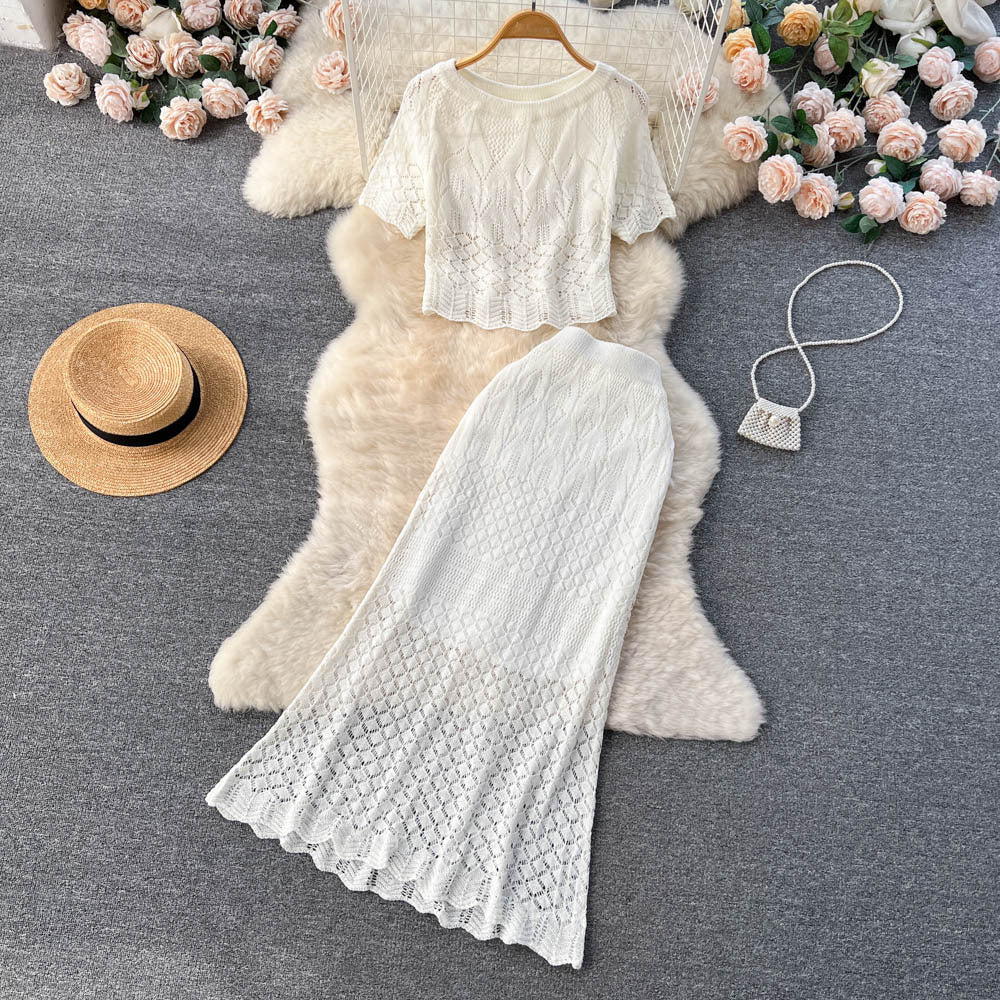 Korean ins style cut out crochet lace short-sleeved suit skirt women's shorttops+mermaid half length skirttwo-piece set trendy