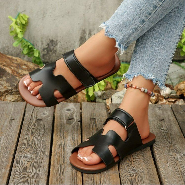 plus size  summer new arrival women's slippers - one-strap hook-and-loop peep-toe minimalist flat slippers for export