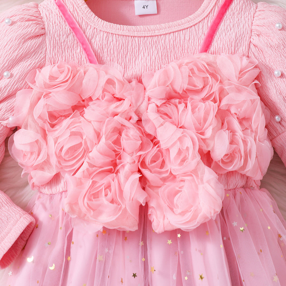 Girls' dress for toddlers and young children, 3d floral mesh dress gown