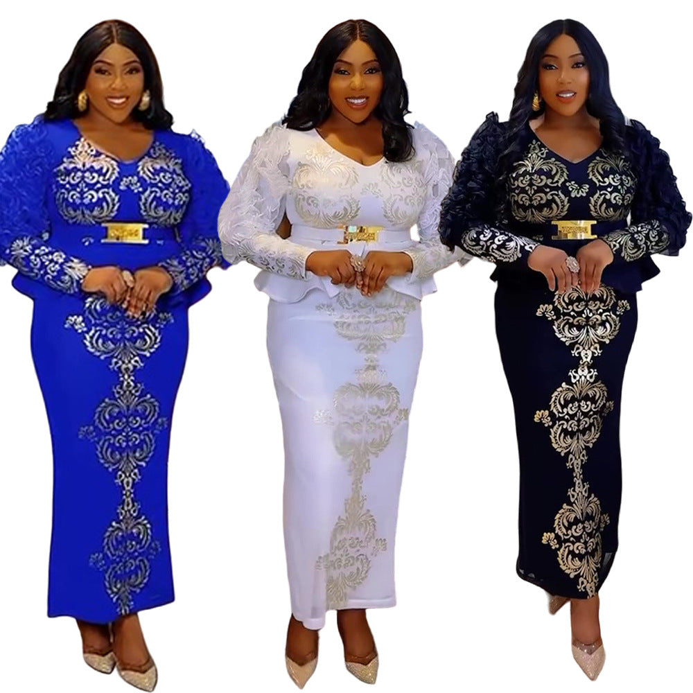 women's plus size dress, foreign trade african style  new hotfix rhinestone beaded v-neck evening gown