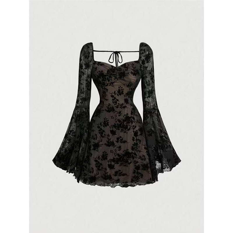 Shipped: cross-border european and american women's apparel -  & independent store - black floral lace a-line cropped top dress