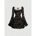 Shipped: cross-border european and american women's apparel -  & independent store - black floral lace a-line cropped top dress