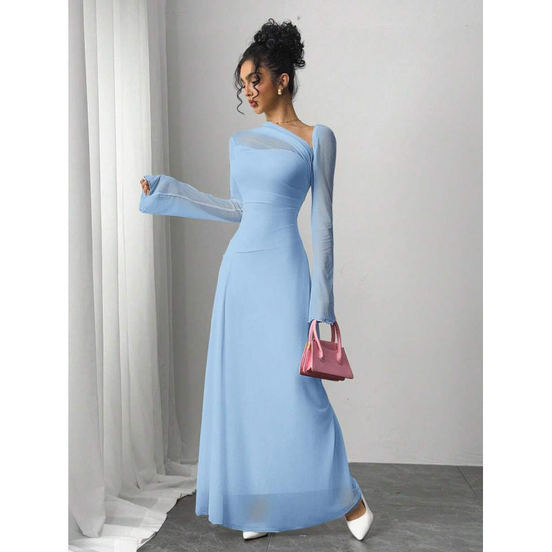 fashionautum mesh patchworklong sleeveselegance asymmetrical pleated silma-linedress women