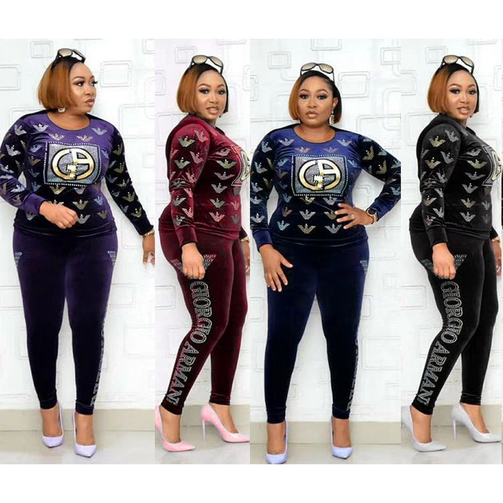 new winter collection: african-inspired hotfix rhinestone & beaded letter long sleeve tee + pencil pants fashion casual two-piece set
