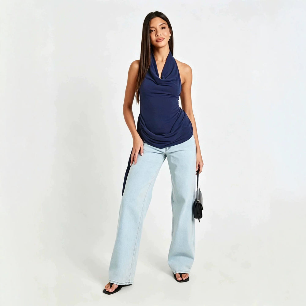 women's summer halterneck backless sleeveless top, featuring side ties, ruched waist, slimming fit, and a spicy girl vibe
