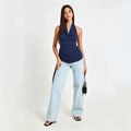 women's summer halterneck backless sleeveless top, featuring side ties, ruched waist, slimming fit, and a spicy girl vibe