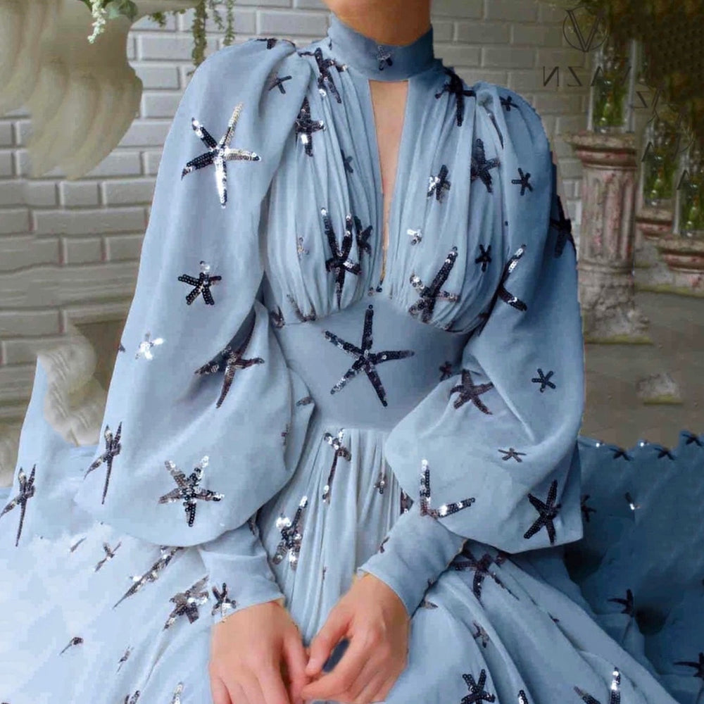 2025 new arrival: multi-color, ready-to-ship, semi-high neck, sequin-embellished, slit, lantern sleeve, maxi chiffon dress
