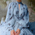 2025 new arrival: multi-color, ready-to-ship, semi-high neck, sequin-embellished, slit, lantern sleeve, maxi chiffon dress
