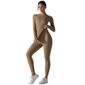 New solid color double-sided brushed breathable high-stretch compression long sleeve yoga set - activewear running fitness two-piece outfit