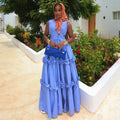 European and american women's clothing  summer new sweet and fresh v-neck hollow-out high-waisted slimming a-line maxi dress