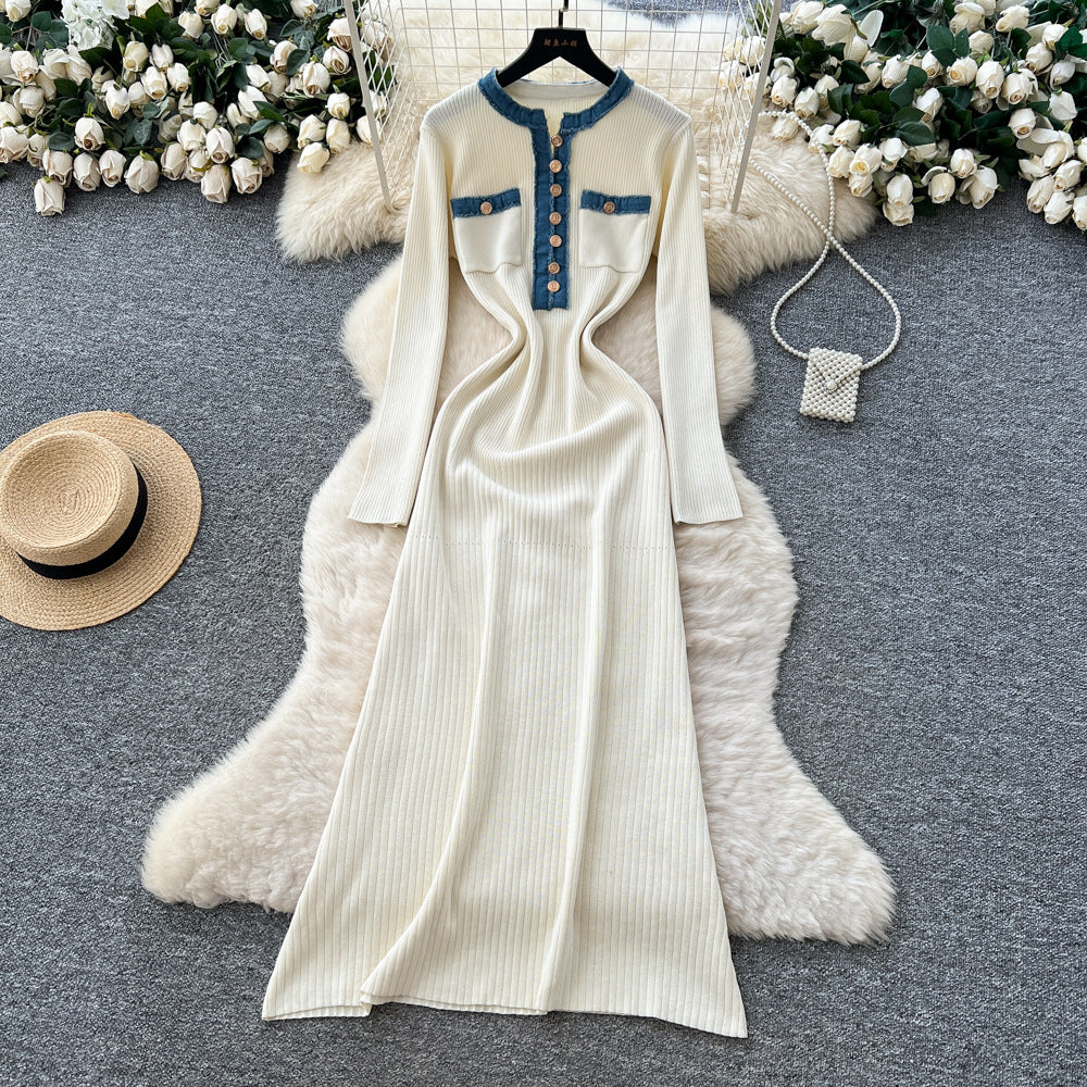 French chic color block knit dress with metal buckle detail - round neck, long sleeves, and cinched waist