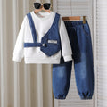 children's autumn and winter denim suit white round neck sweatshirt + denim vest pants suit three-piece set