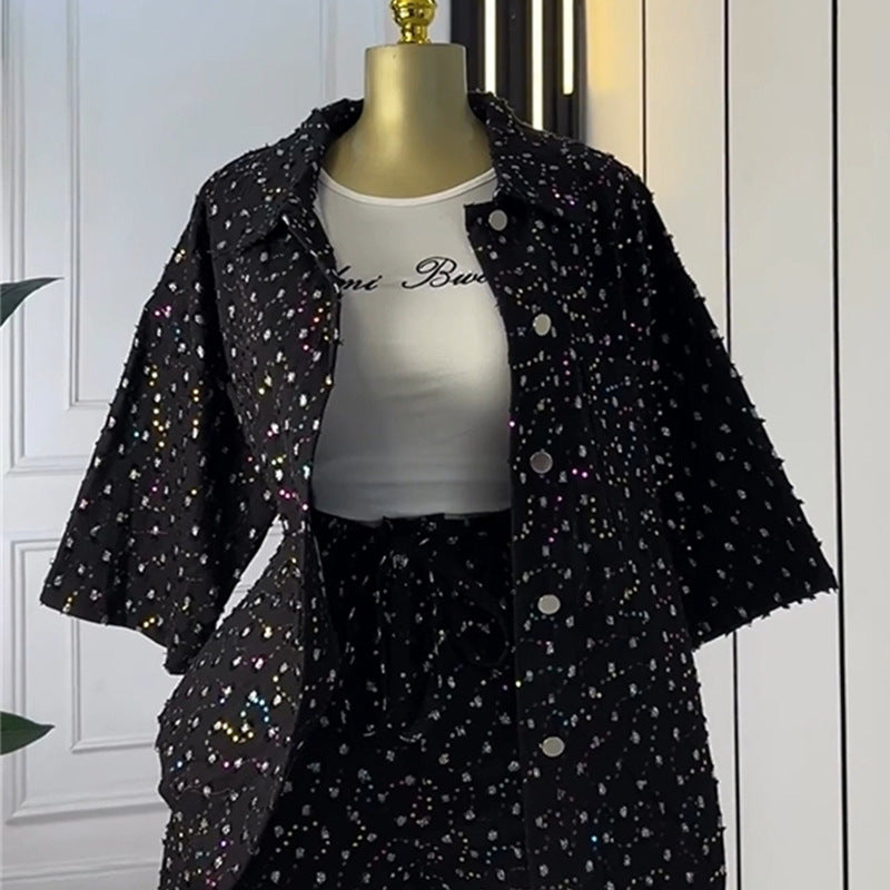 European and american cross-border women's fashion:  autumn new collection - luxury rhinestone embellished three-quarter sleeve blouse and wide-leg shorts set