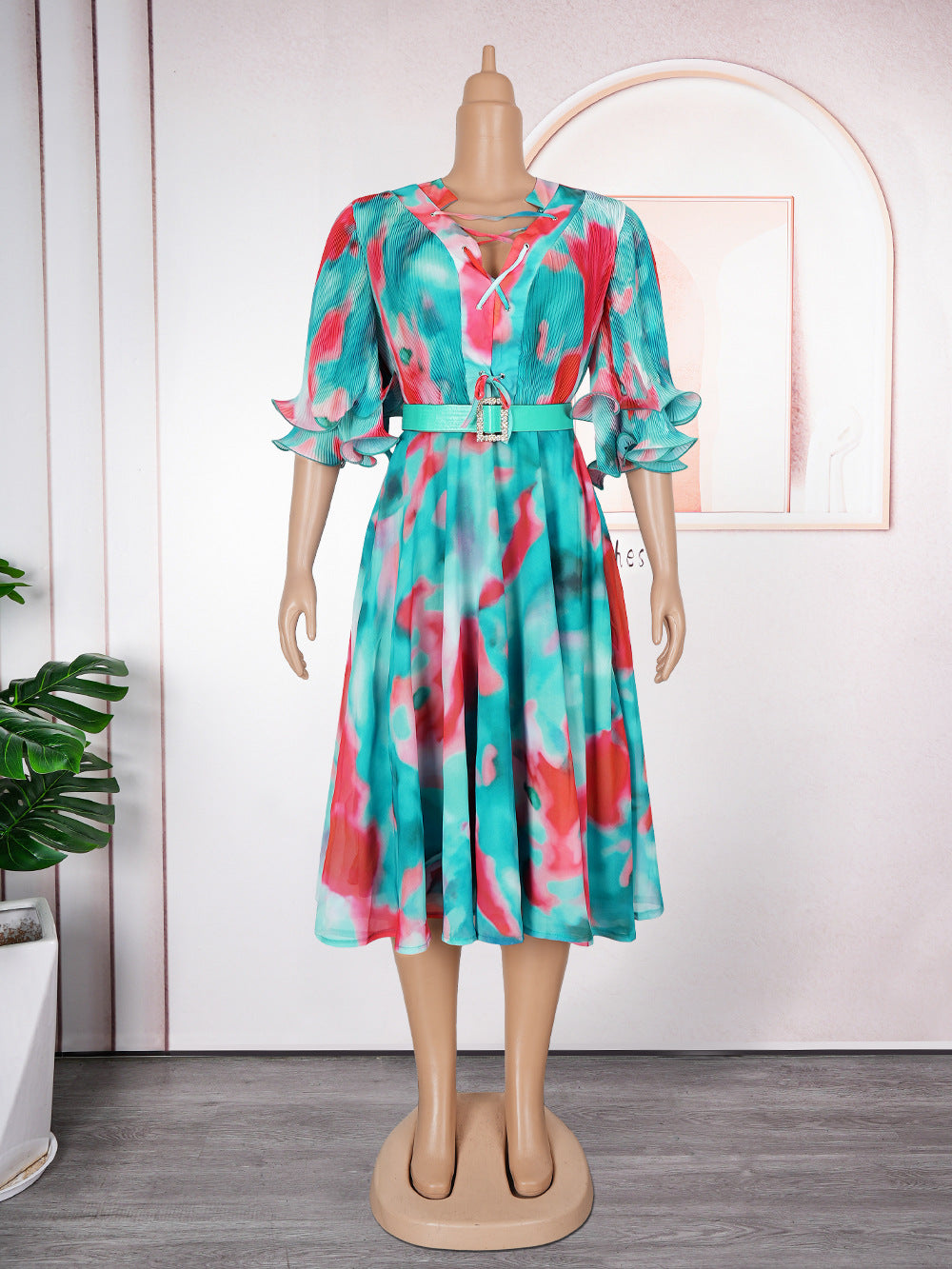 african plus size women's v neckdress   export printinghigh waist a-line skirt in stock