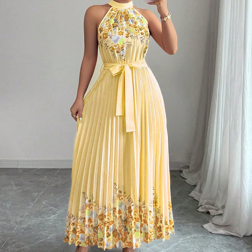 European and american cross-border women's summer  elegant halter neck tie waist floral print pleated maxi swing dress