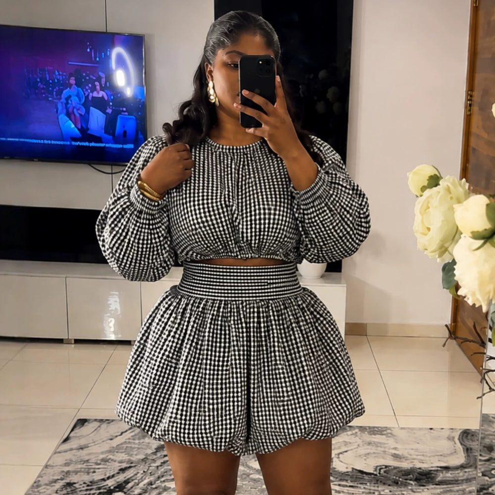 European and american women's clothing  autumn new collection: sweet and fresh round neck lantern sleeve cropped shirt and high-waisted skirt pant two-piece set