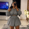 European and american women's clothing  autumn new collection: sweet and fresh round neck lantern sleeve cropped shirt and high-waisted skirt pant two-piece set