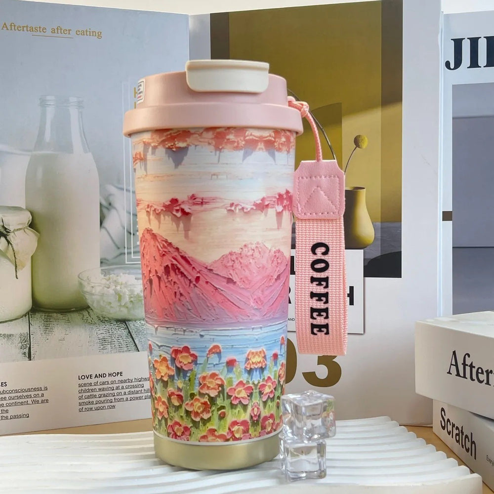 New arrival high-looking lily of the valley coffee cup stainless steel liner thermos cup double drink portable straw water cup goddess cup